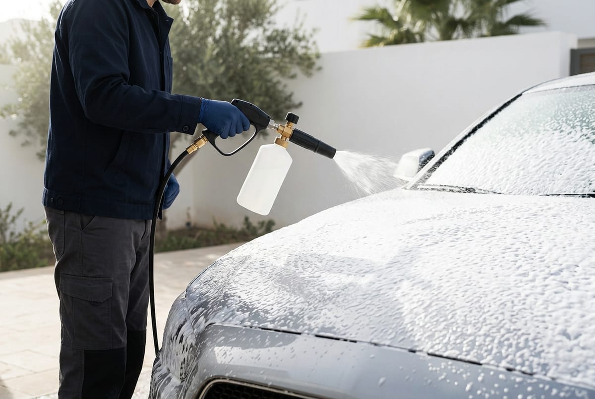 Prélavage mousse appliqué sur une carrosserie couverte de poussière de chantier au Lotissement Al Wifaq à Lqliaa