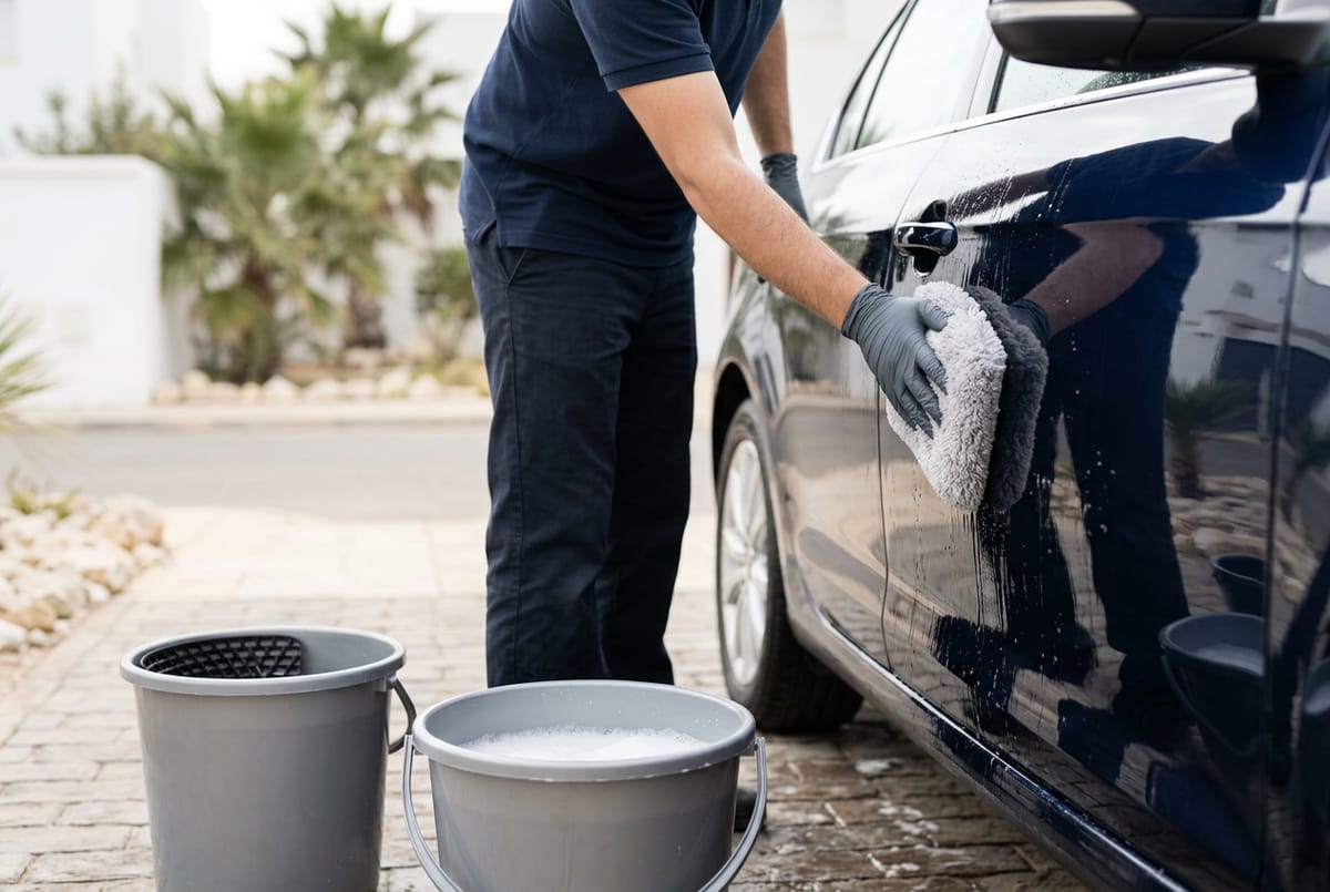 Berline grise avant et après un lavage complet à domicile sur un parking de résidence à Founty, Agadir
